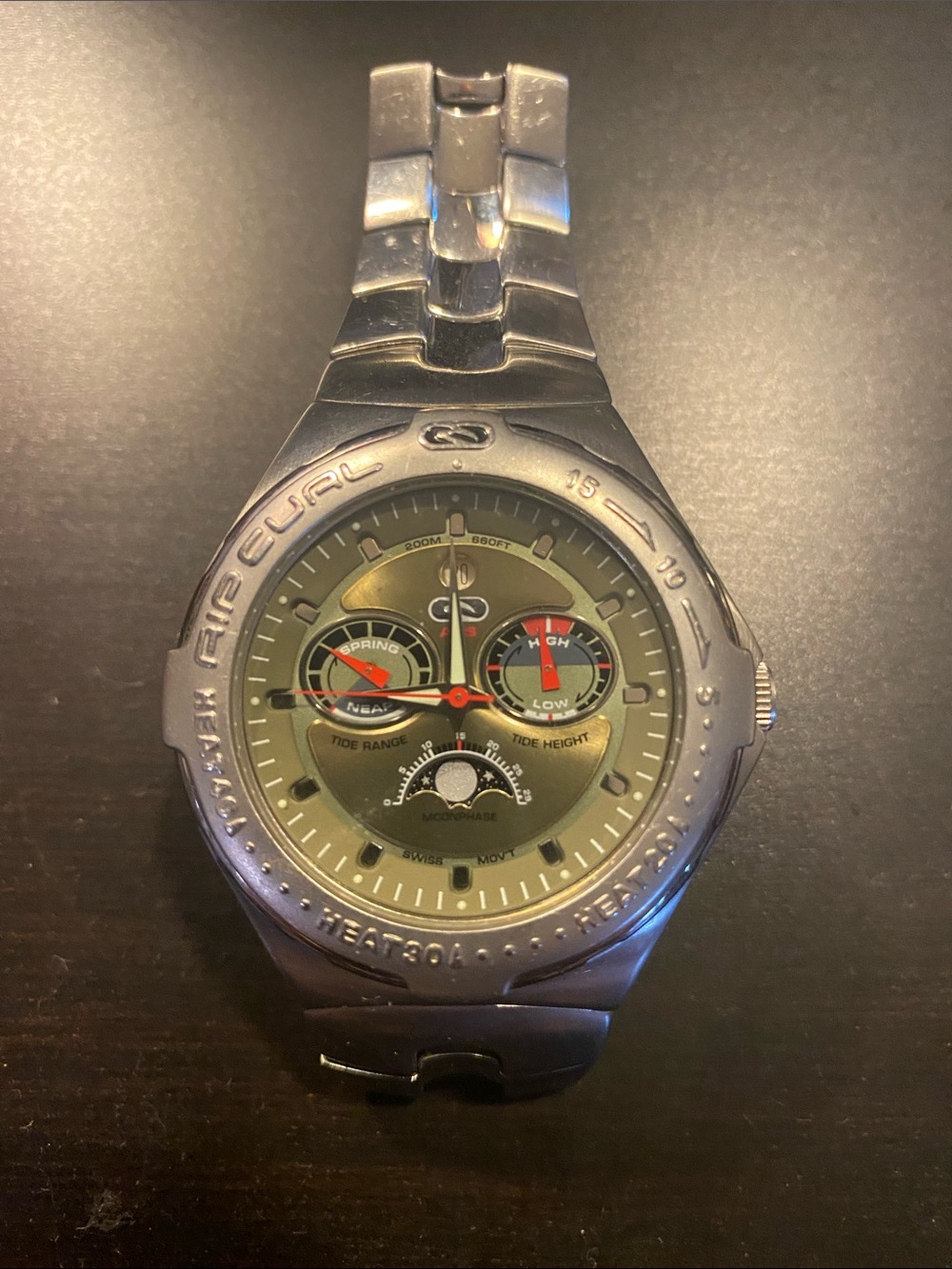 Rip Curl Stainless Steel Watch with Olive Dial and Red Accents
